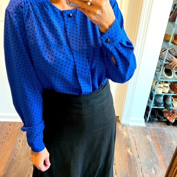 Vintage Cobalt Blue Polka Dot Polkadots blouse Size 12 - Picture 2 of 7